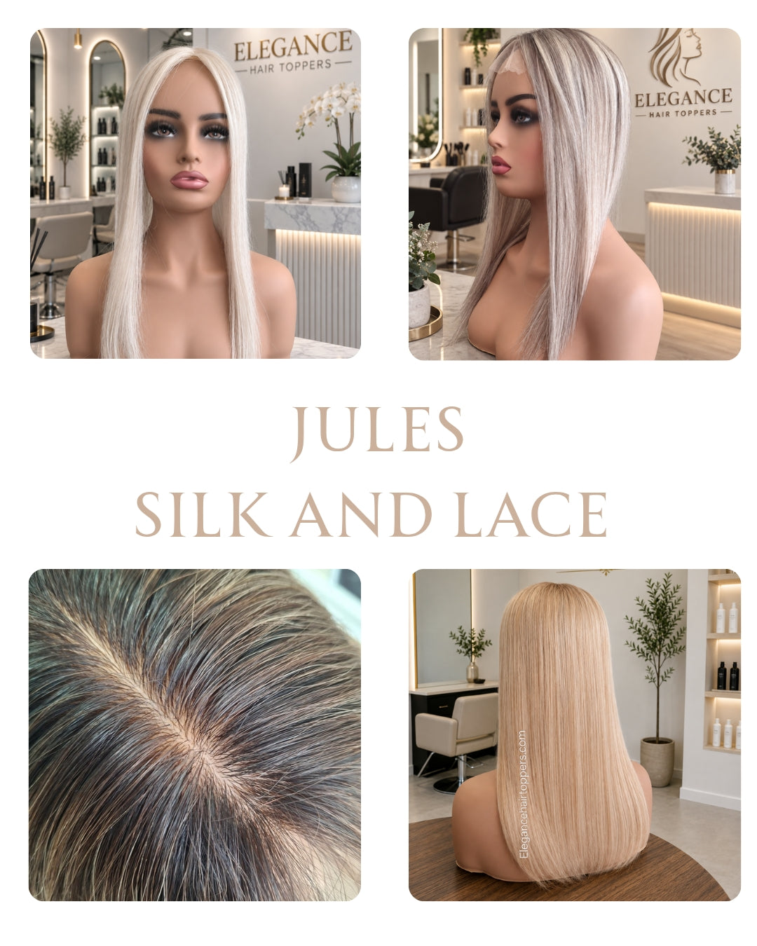Jules - STOCK silk and lace base human hair topper, 16 inches long, frosted fairytale