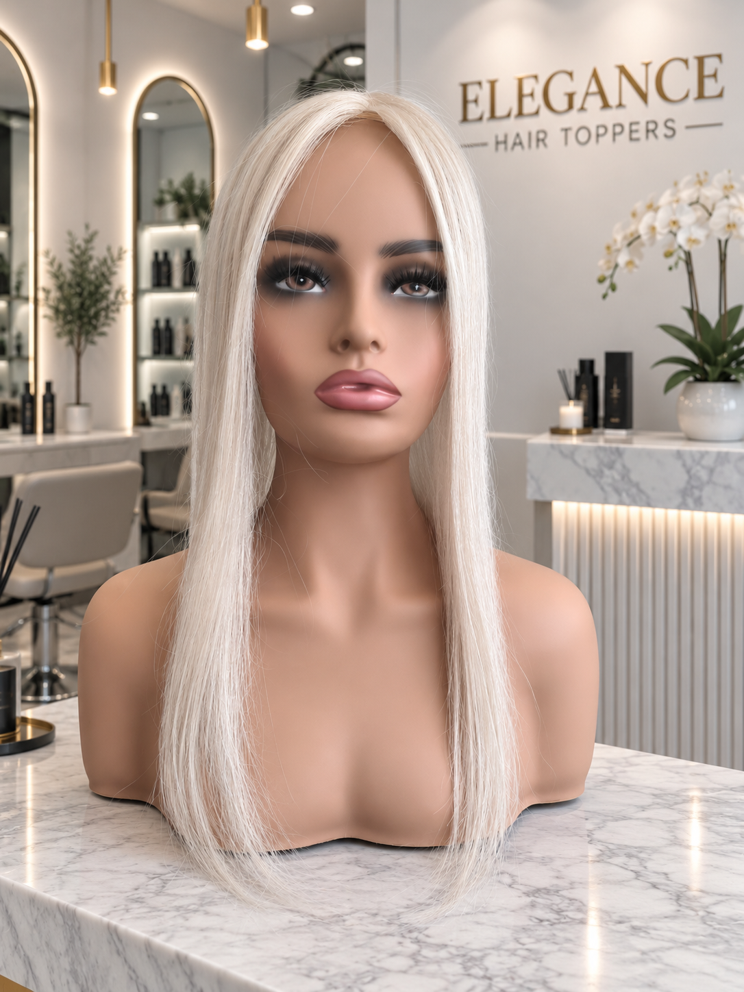 Jules - STOCK silk and lace base human hair topper, 18 inches long, ice queen
